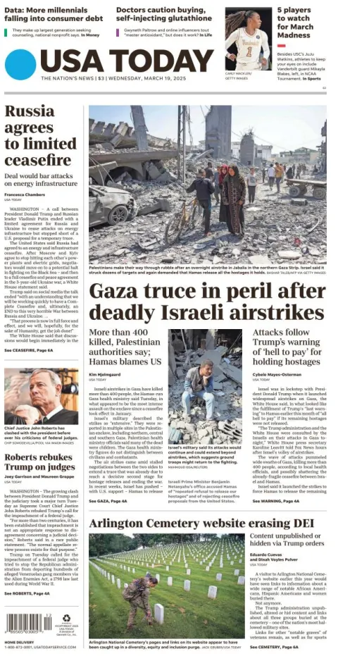 Portada de Usa Today del miércoles, 19 de marzo de 2025
