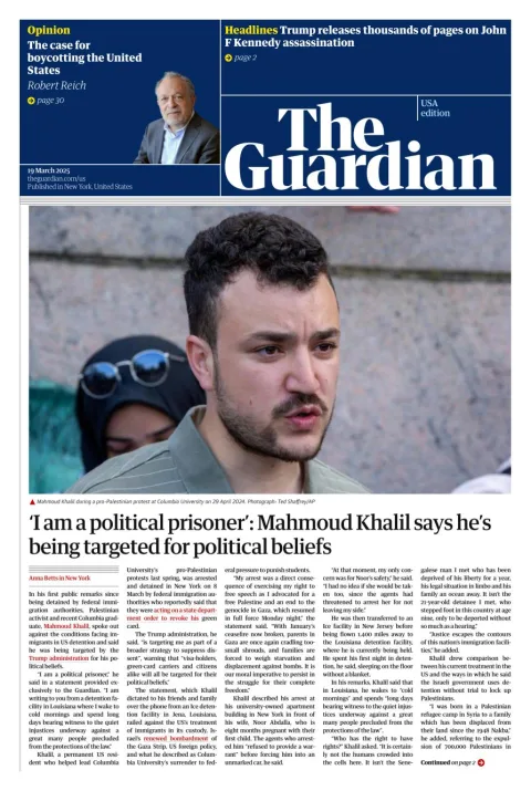 Portada de The Guardian (usa) del miércoles, 19 de marzo de 2025
