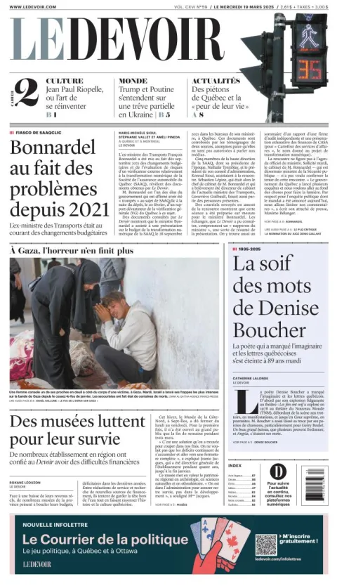 Portada de Le Devoir del miércoles, 19 de marzo de 2025