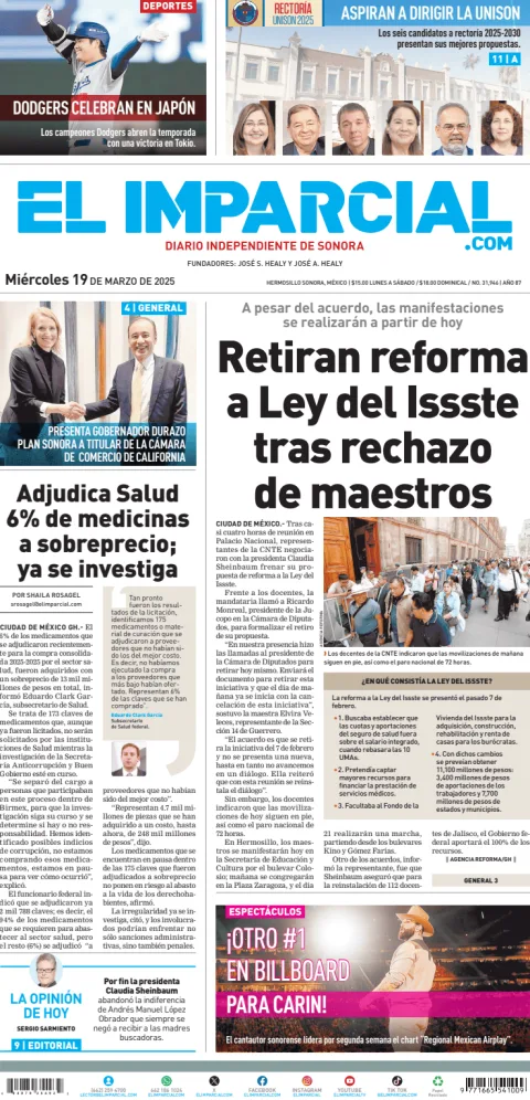 Portada de El Imparcial del miércoles, 19 de marzo de 2025