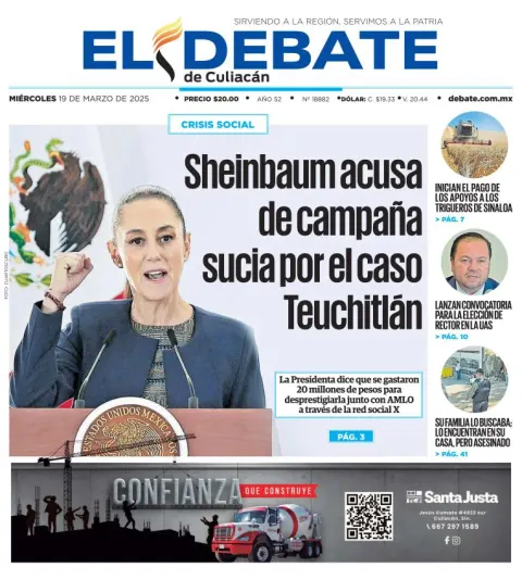 Portada de El Debate de Culiacan del miércoles, 19 de marzo de 2025
