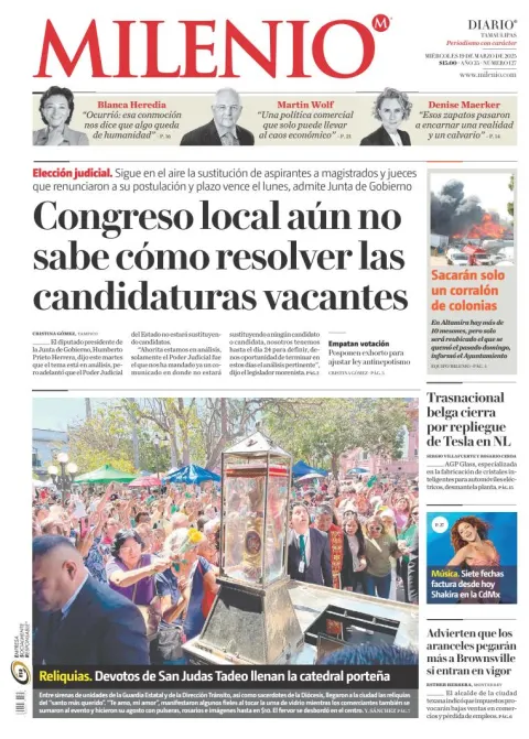 Portada de Milenio Tamaulipas del miércoles, 19 de marzo de 2025