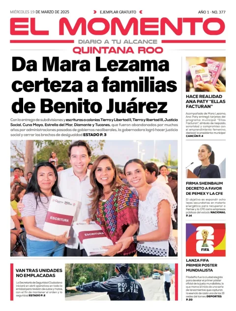 Portada de El Momento Quintana Roo del miércoles, 19 de marzo de 2025