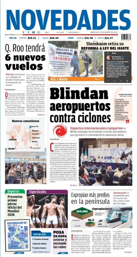 Portada de Novedades Quintana Roo del miércoles, 19 de marzo de 2025