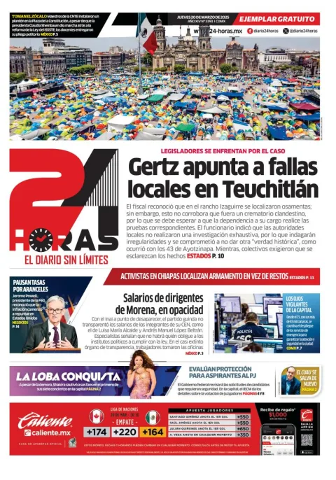Portada de 24 Horas del jueves, 20 de marzo de 2025