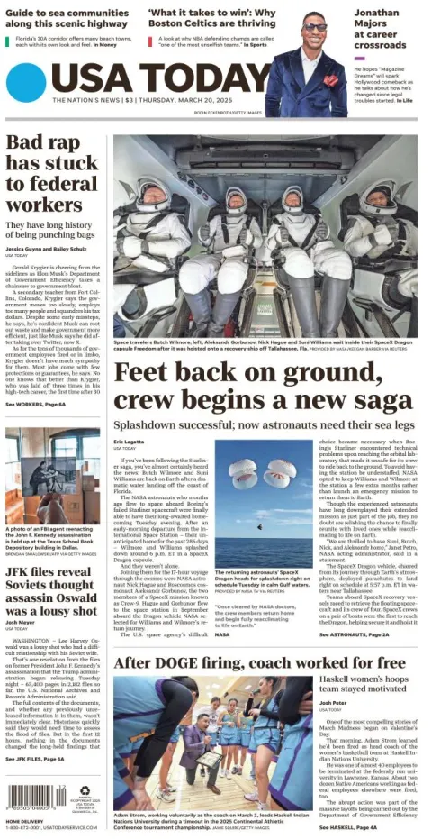 Portada de Usa Today del jueves, 20 de marzo de 2025