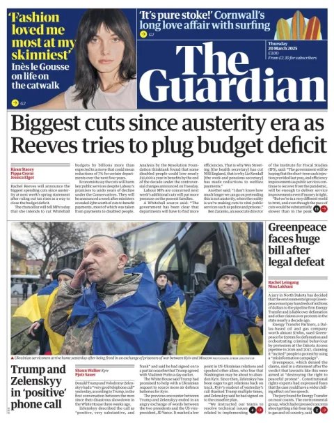 Portada de The Guardian (reino Unido) del jueves, 20 de marzo de 2025