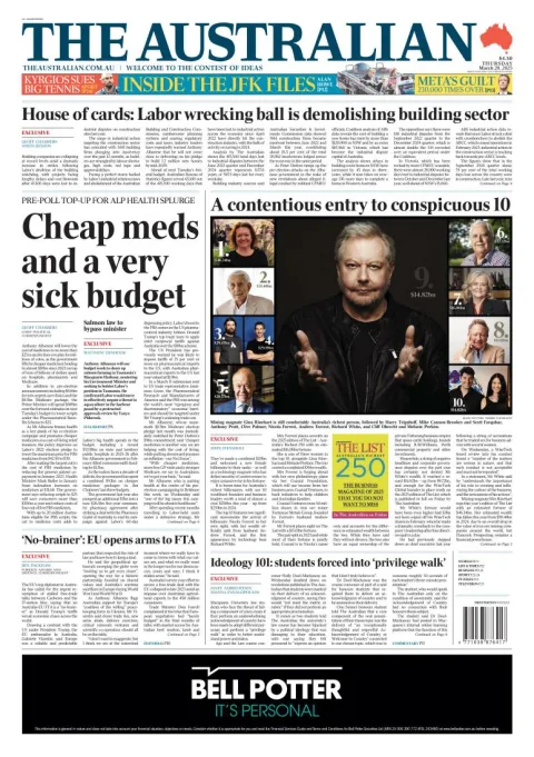 Portada de The Australian del jueves, 20 de marzo de 2025