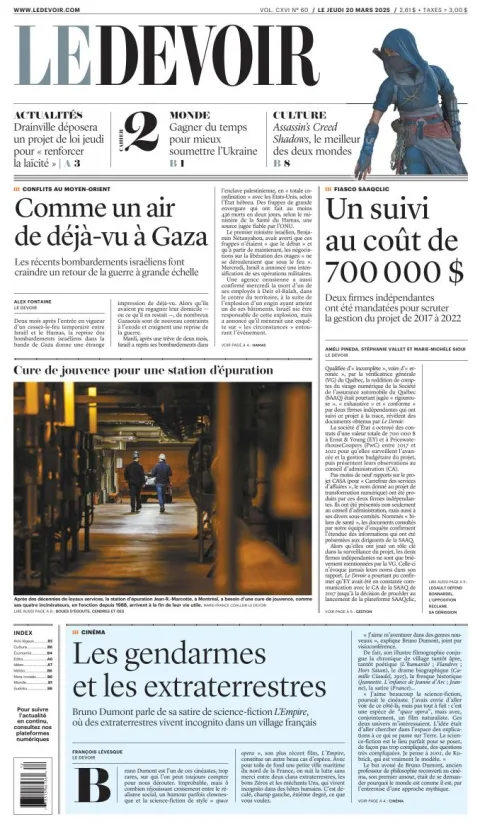 Portada de Le Devoir del jueves, 20 de marzo de 2025