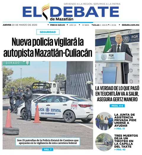 Portada de El Debate de Mazatlan del jueves, 20 de marzo de 2025