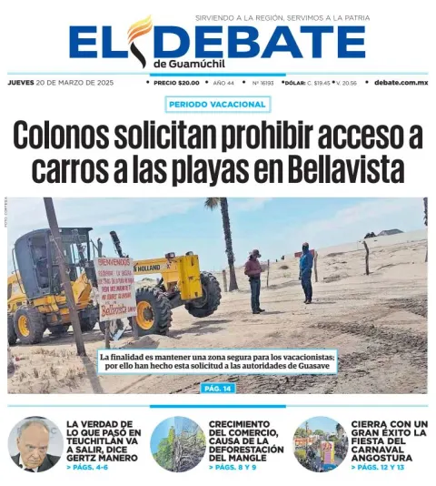 Portada de El Debate de Guamuchil del jueves, 20 de marzo de 2025