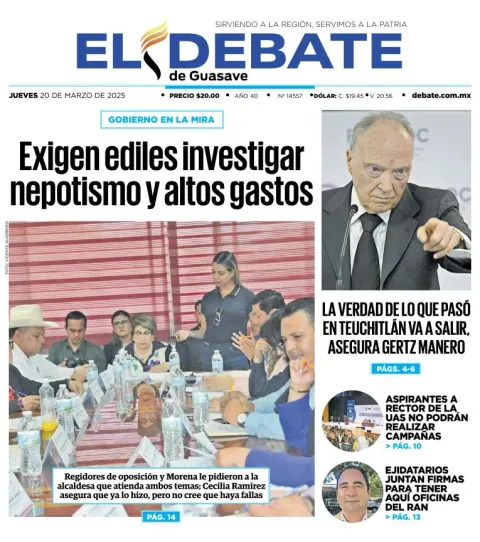 Portada de El Debate de Guasave del jueves, 20 de marzo de 2025
