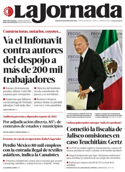 Portada de La Jornada del jueves, 20 de marzo de 2025