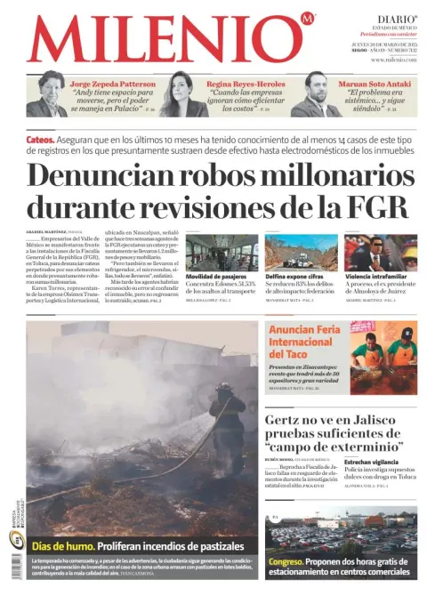 Portada de Milenio Edo de Mexico del jueves, 20 de marzo de 2025