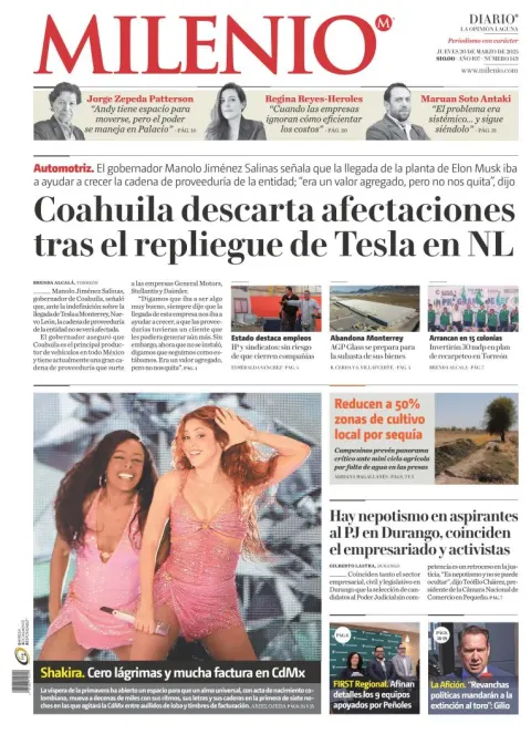 Portada de Milenio Laguna del jueves, 20 de marzo de 2025