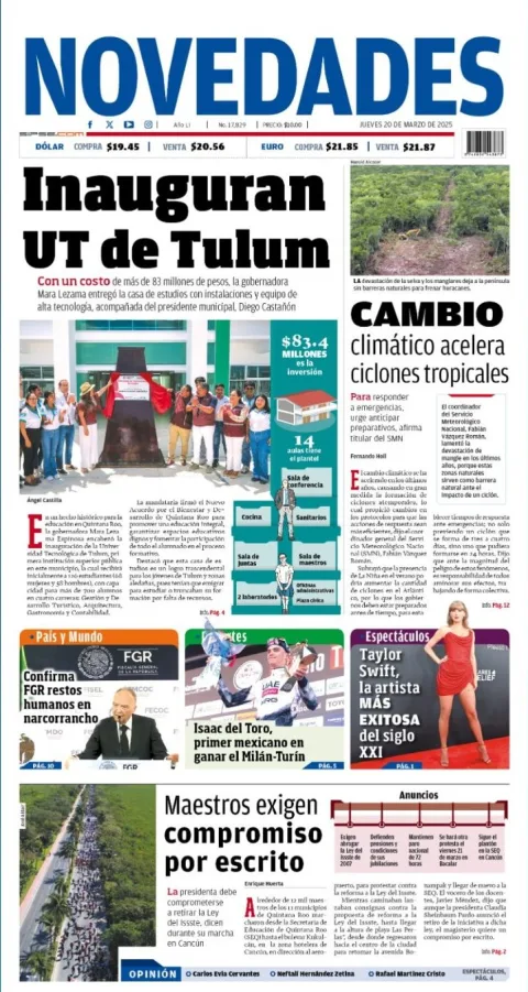 Portada de Novedades Quintana Roo del jueves, 20 de marzo de 2025
