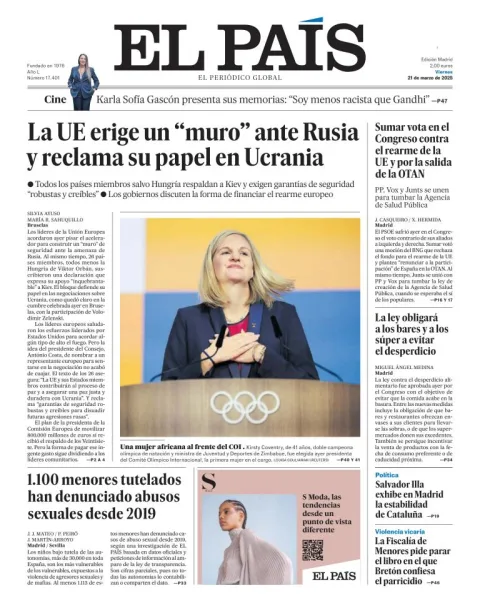Portada de El Pais del viernes, 21 de marzo de 2025