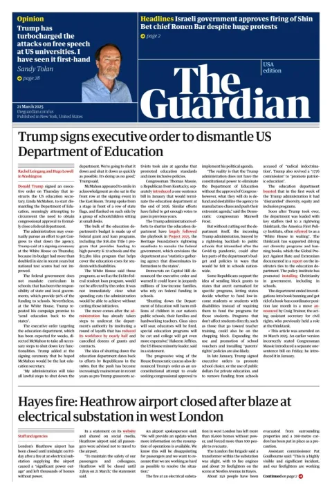 Portada de The Guardian (usa) del viernes, 21 de marzo de 2025