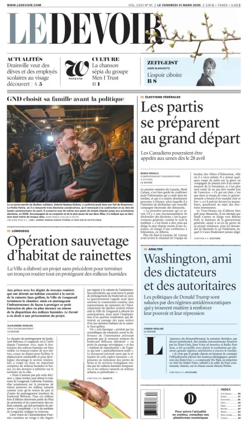 Portada de Le Devoir del viernes, 21 de marzo de 2025