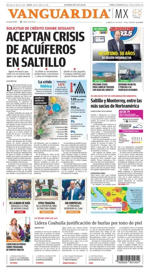 Portada de Vanguardia del viernes, 21 de marzo de 2025