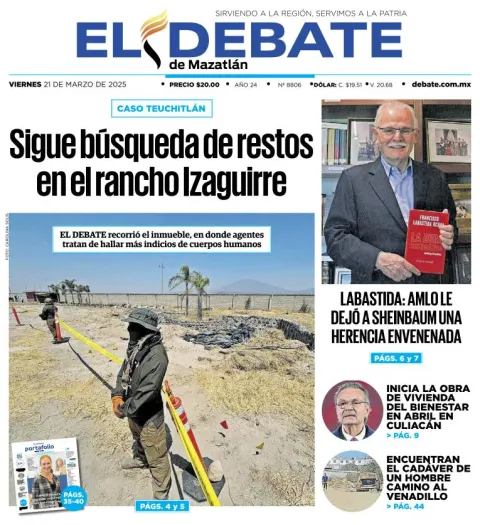 Portada de El Debate de Mazatlan del viernes, 21 de marzo de 2025