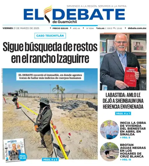 Portada de El Debate de Guamuchil del viernes, 21 de marzo de 2025