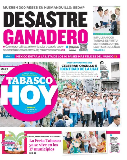 Portada de Tabasco Hoy del viernes, 21 de marzo de 2025