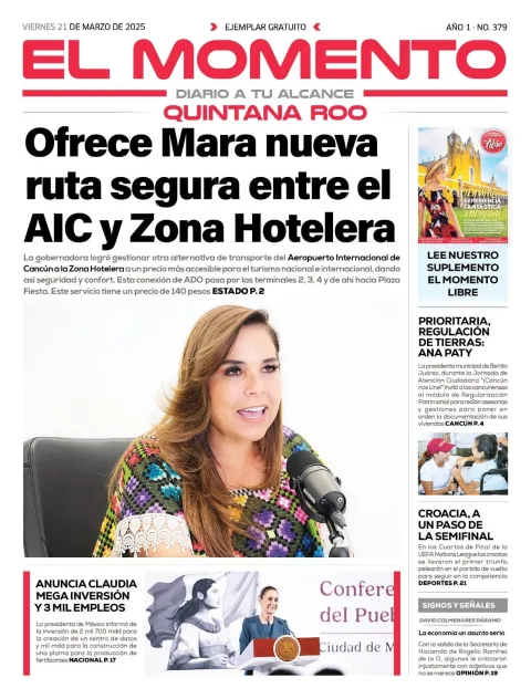Portada de El Momento Quintana Roo del viernes, 21 de marzo de 2025
