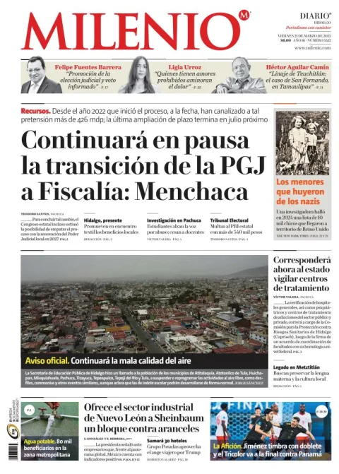 Portada de Milenio Hidalgo del viernes, 21 de marzo de 2025