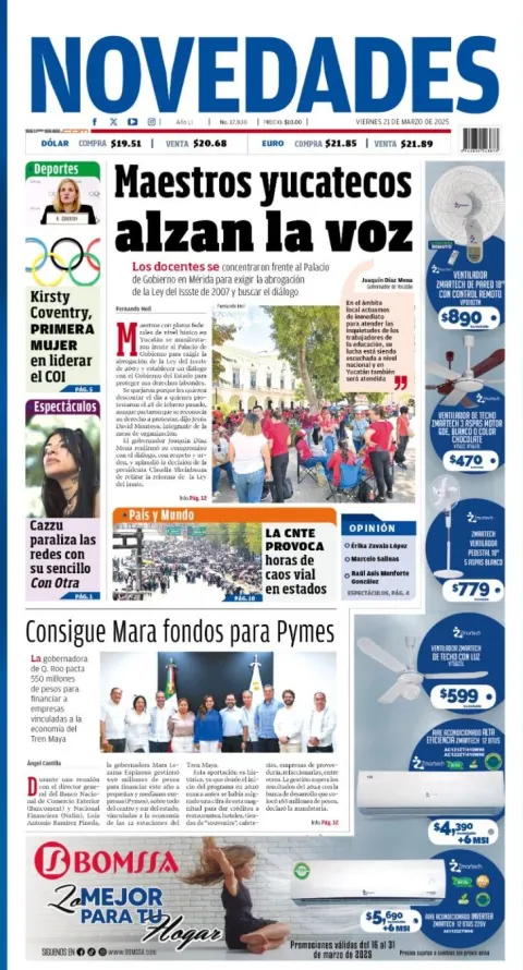 Portada de Novedades Quintana Roo del viernes, 21 de marzo de 2025