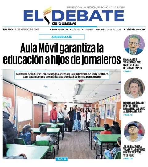 Portada de El Debate de Guasave del sábado, 22 de marzo de 2025