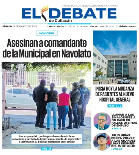 Portada de El Debate de Culiacan del sábado, 22 de marzo de 2025