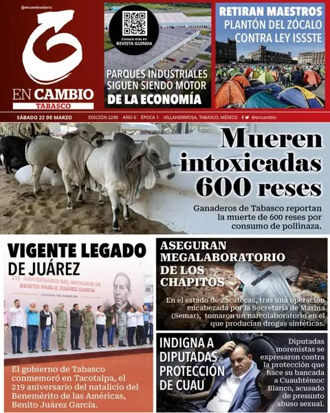 Portada de En Cambio - Tabasco (portada) del sábado, 22 de marzo de 2025