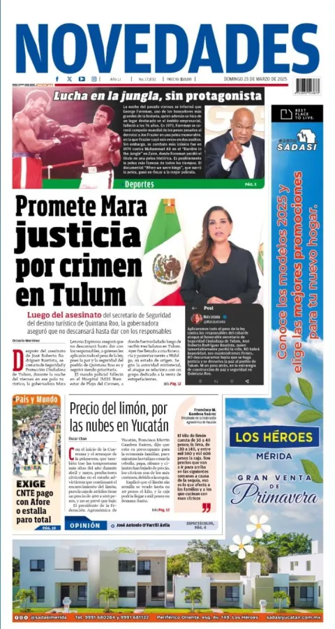 Portada de Novedades Quintana Roo del domingo, 23 de marzo de 2025