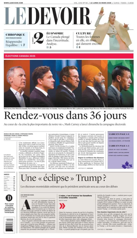 Portada de Le Devoir del lunes, 24 de marzo de 2025