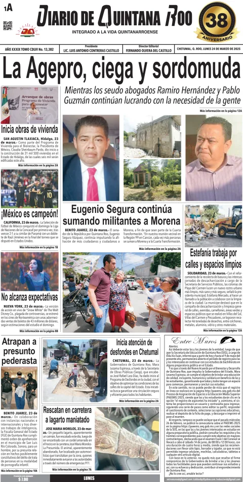 Portada de Diario de Quintana Roo (portada) del lunes, 24 de marzo de 2025