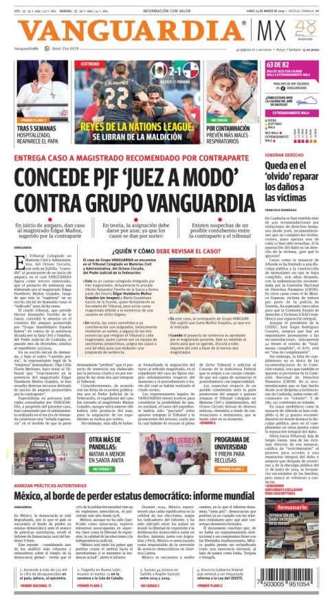 Portada de Vanguardia del lunes, 24 de marzo de 2025