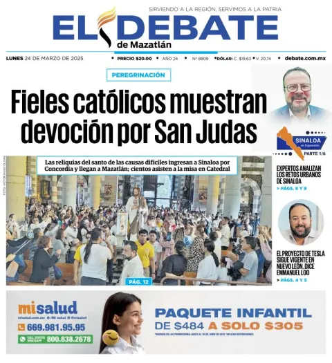 Portada de El Debate de Mazatlan del lunes, 24 de marzo de 2025