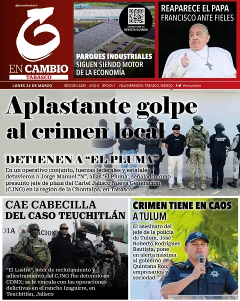 Portada de En Cambio - Tabasco (portada) del lunes, 24 de marzo de 2025