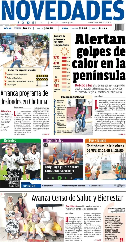 Portada de Novedades Quintana Roo del lunes, 24 de marzo de 2025
