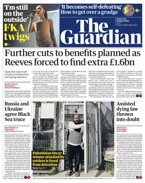 Portada de The Guardian (reino Unido) del miércoles, 26 de marzo de 2025