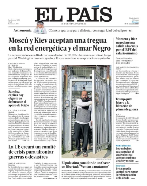 Portada de El Pais del miércoles, 26 de marzo de 2025