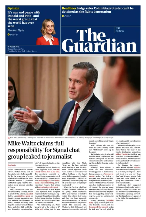 Portada de The Guardian (usa) del miércoles, 26 de marzo de 2025