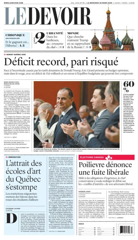 Portada de Le Devoir del miércoles, 26 de marzo de 2025
