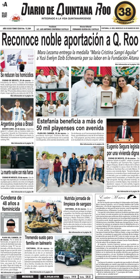 Portada de Diario de Quintana Roo (portada) del miércoles, 26 de marzo de 2025