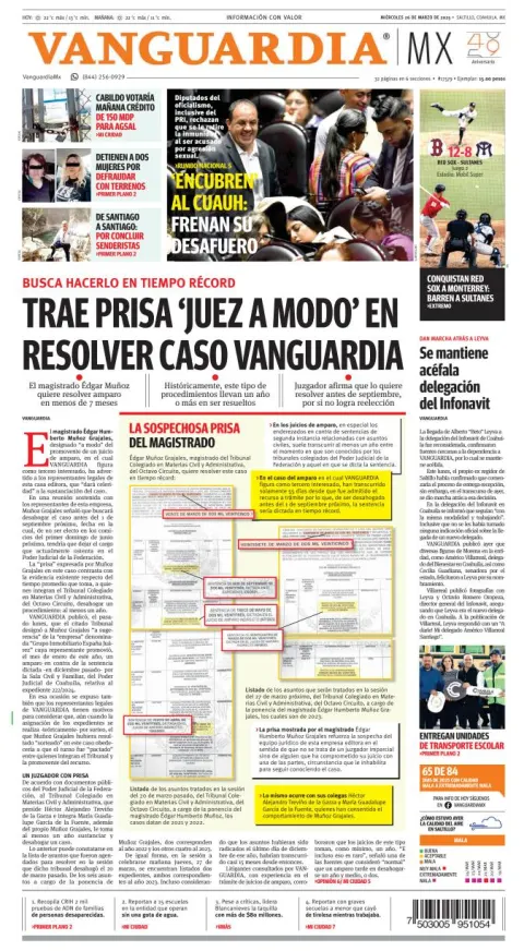 Portada de Vanguardia del miércoles, 26 de marzo de 2025