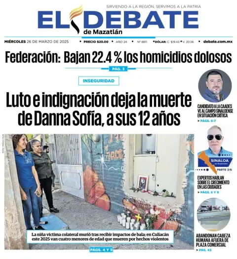 Portada de El Debate de Mazatlan del miércoles, 26 de marzo de 2025