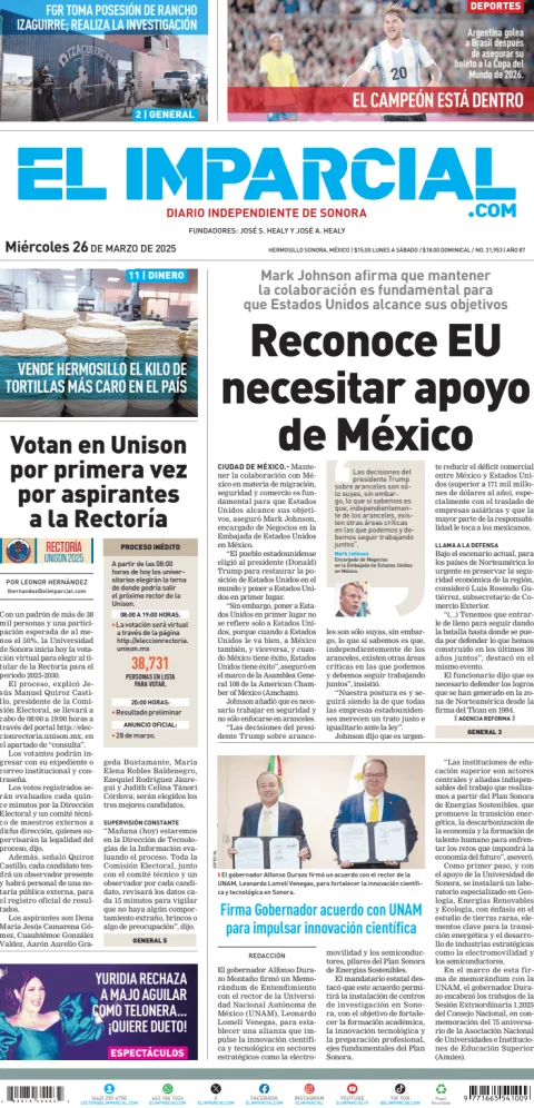 Portada de El Imparcial del miércoles, 26 de marzo de 2025