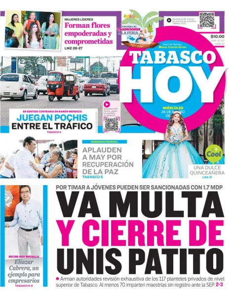 Portada de Tabasco Hoy del miércoles, 26 de marzo de 2025