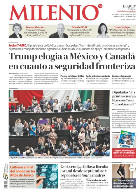 Portada de Milenio del miércoles, 26 de marzo de 2025